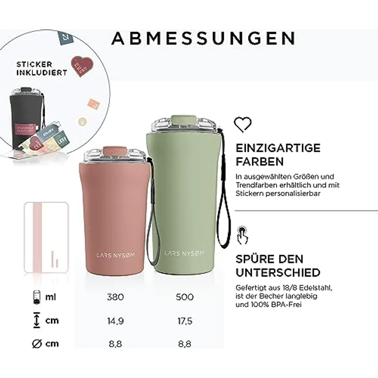 LARS NYSØM Thermo Kaffeebecher to go mit Trageschlaufe & Tritan Deckel | Travel Mug 0,38 Liter mit Isolierung | Auslaufsicherer Edelstahl Thermobecher für Café & Tee (Stone Blue, 380ml) – Bild 4