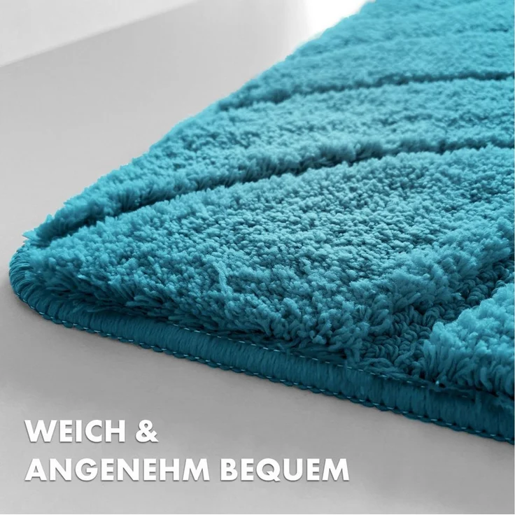 Floordirekt Badematte Maris – Flauschiger Badteppich, Blattstruktur, rutschfest & waschbar, rutschhemmend beschichtet, fußbodenheizungsgeeignet, schnell trocknend, Polyester, für Fußbodenheizung geeignet, dichter Flor, 40x60 cm, Türkis – Bild 3