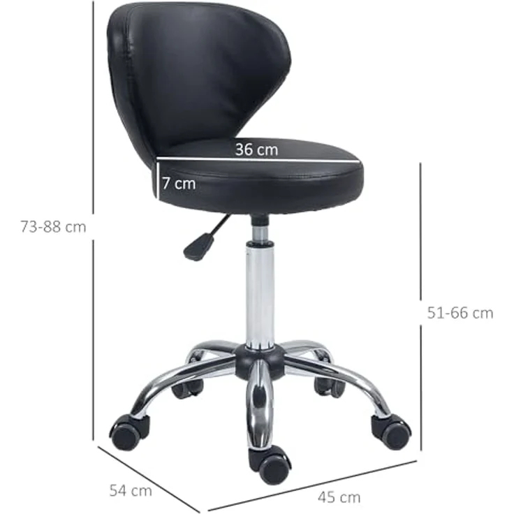 HOMCOM Rollsitz Rollhocker höhenverstellbar Salon Hocker mit Lehne (Arbeitshocker, 1 St, Drehhocker), für Büro, Wohnzimmer, Kunstleder, 45 x 54 x 73-88 cm, Schwarz – Bild 3