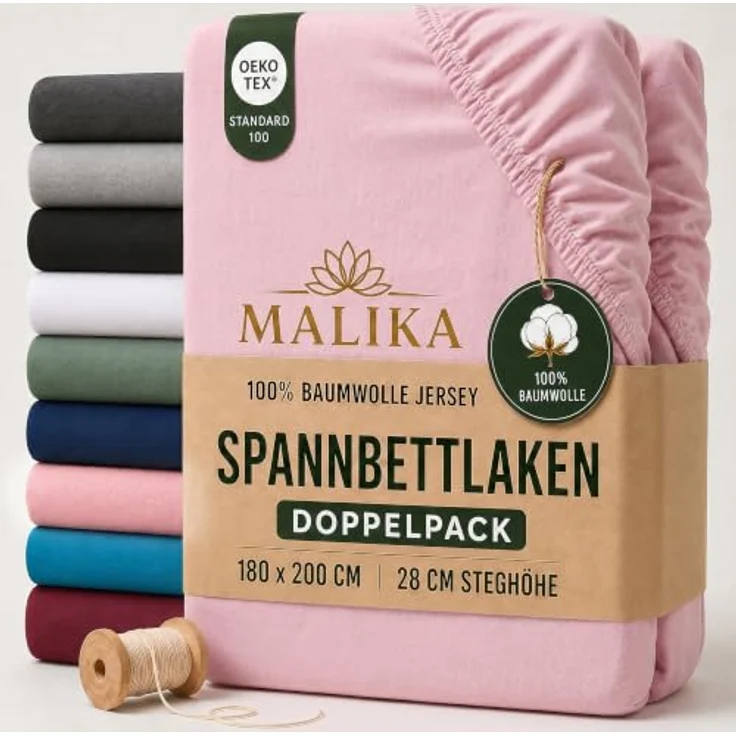 MALIKA® Spannbettlaken Doppelpack 90x200cm - 100x200cm, Baumwolle Jersey, Matratzenhöhe bis 28 cm, Oeko-Tex zertifiziert – Bild 1