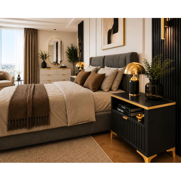 KRISAN MÖBEL Millie Nachttisch mit geriffelter Front Schwarz und goldenen Metallfüßen 42x45x30 cm Schwarz, Gold – Bild 2