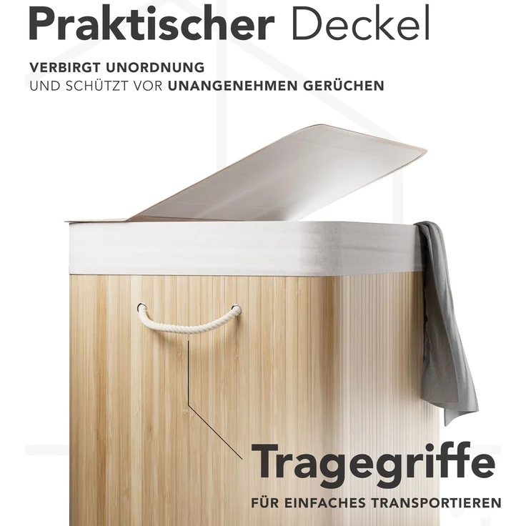 Bambus Wäschekorb 3 Fächer, 150L Wäschesammler mit Deckel & herausnehmbarem Sack – Bild 2
