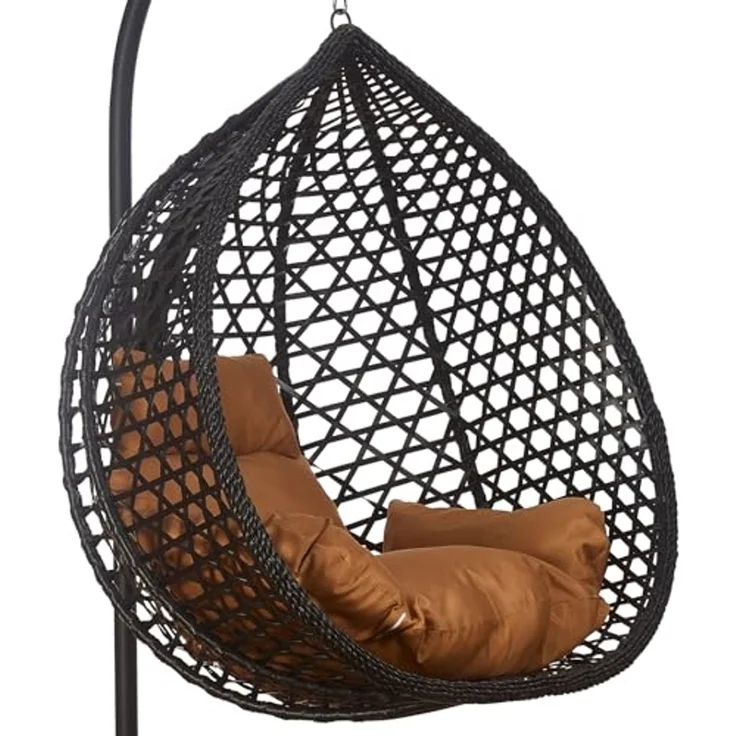 Luxus Hängesessel Style XXL Rattan Korb Gestell Schwarz mit Relaxkissen Braun – Bild 6