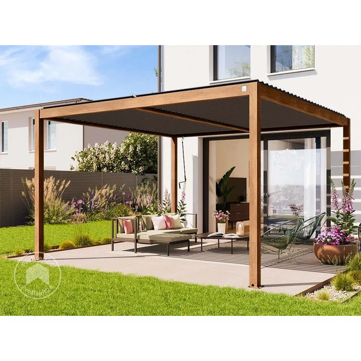 PRIMEYARD Pergola 4x4 m Aluminium-Pfosten mit Lamellendach aus Stahl holzfarbene Terrassenüberdachung – Bild 2