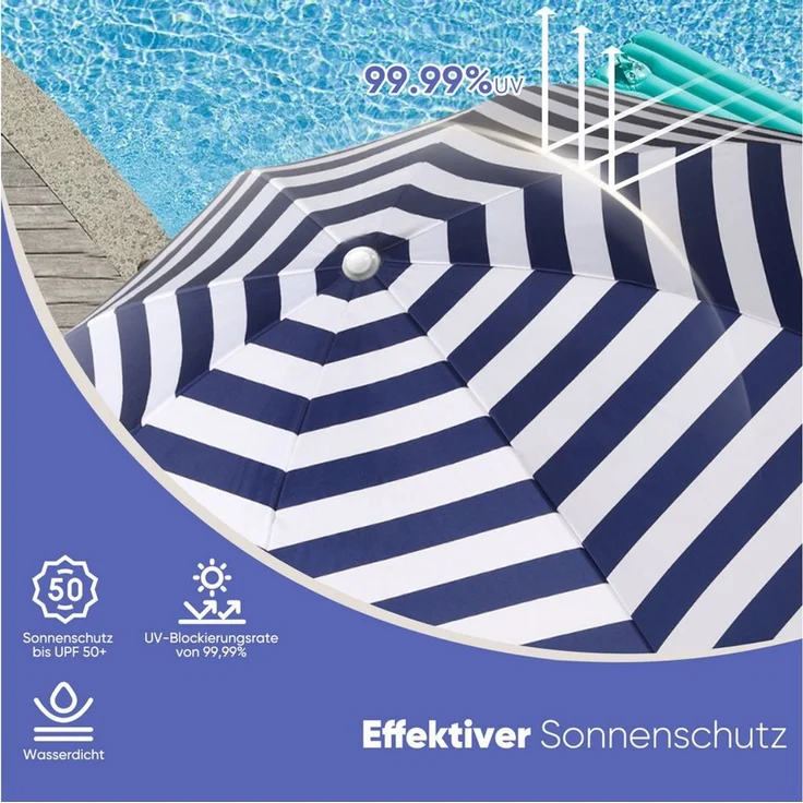 Sekey Sonnenschirm Ø 160 cm Rund Strandschirm Balkonschirm mit Tragetasch und Bodenhülse, LxB: 160x160 cm, 3-in-1 Sonnenschirm, Neigungswinkel und Höhe verstellbar,für Garten – Bild 4