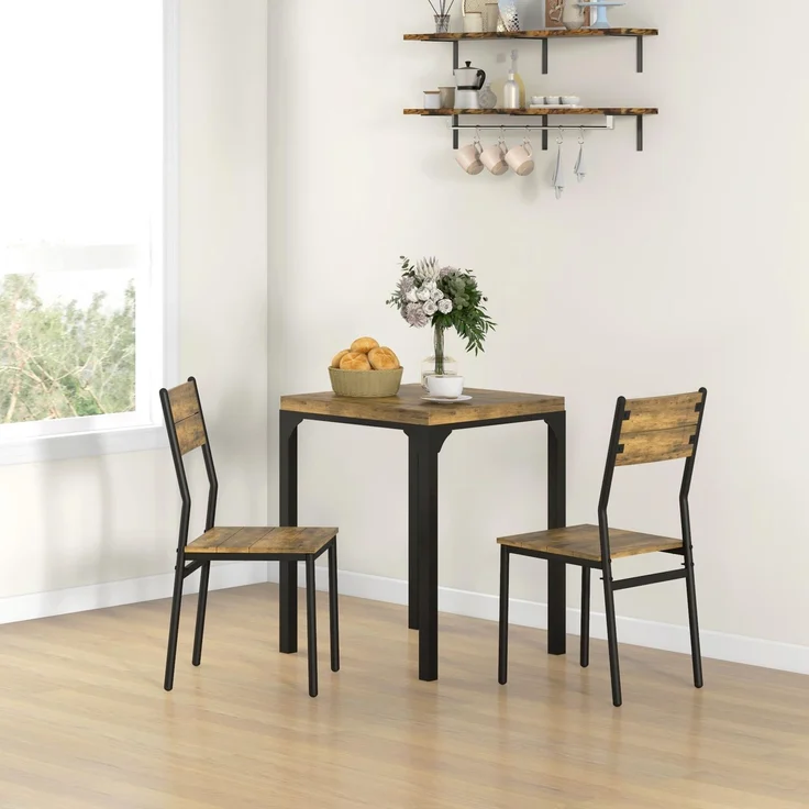 MELAYR, 3-teilige Essgruppe, Esstisch-Set, 1 Tisch, 2 Stühle, MDF+Metall, Braun, 60 x 60 x 76 cm, Rustikal-Braun – Bild 3