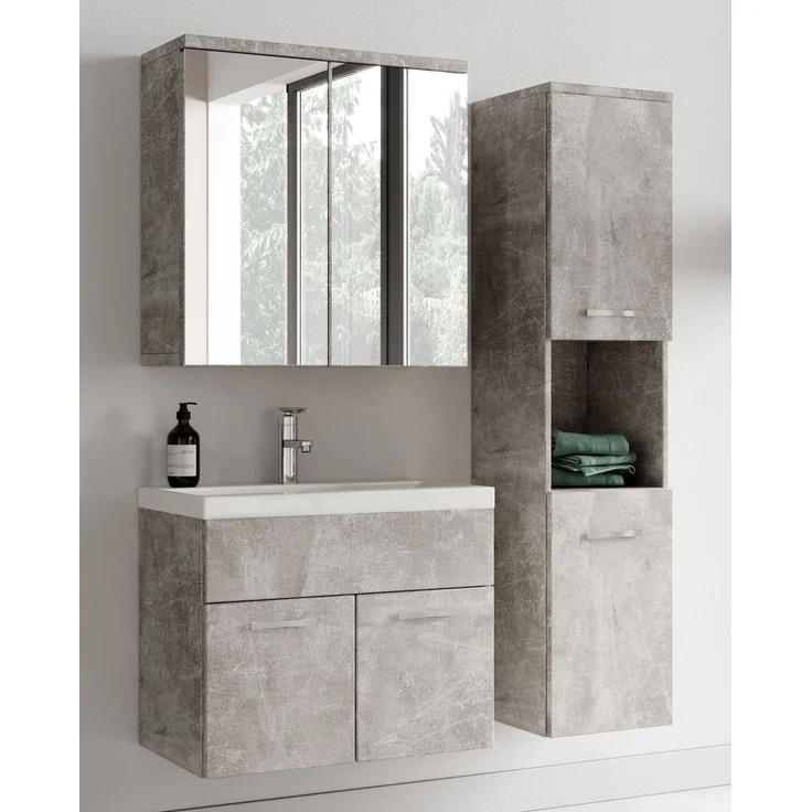 Badplaats Badmöbel Komplettset Montreal 60x35 cm Beton Grau - Badezimmermöbel mit Waschbecken und Spiegelschrank – Bild 2