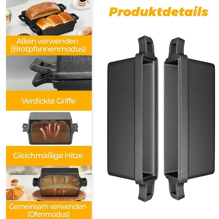 PFCTART Brotbackform Gusseiserne Brotbackform 22,9 × 12,7 cm (9×5 Zoll), (Set 1-tlg), 2-in-1 Kastenform mit Deckel – ideal für Sauerteig & Hackbraten