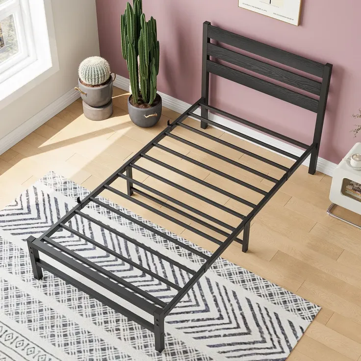 Einzelbett aus Metall mit MDF-Kopfteil, ohne Matratze, 90x200 cm, Schwarz – Bild 8