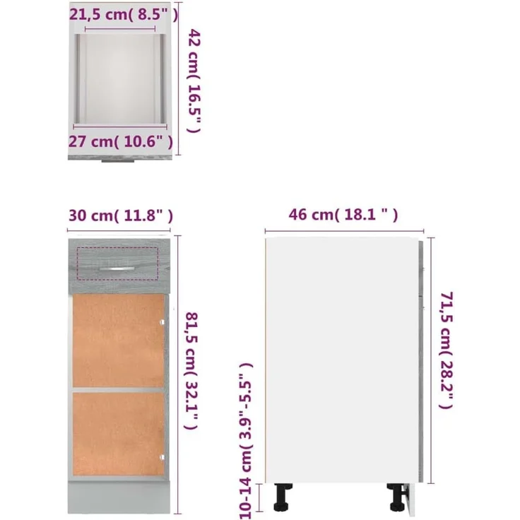 vidaXL Unterschrank, Küchenschrank mit Schublade 2 Fächern, Geschirrschrank für Küche, Küchenunterschrank Schrank Küchenmöbel, Grau Sonoma – Bild 3