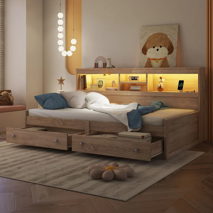 Holzbett mit LED-Beleuchtung und Stauraum, 90x200 cm, Einzelbett mit Mehrfachsteckdose und Lattenrost, Jugendbett – Bild 2