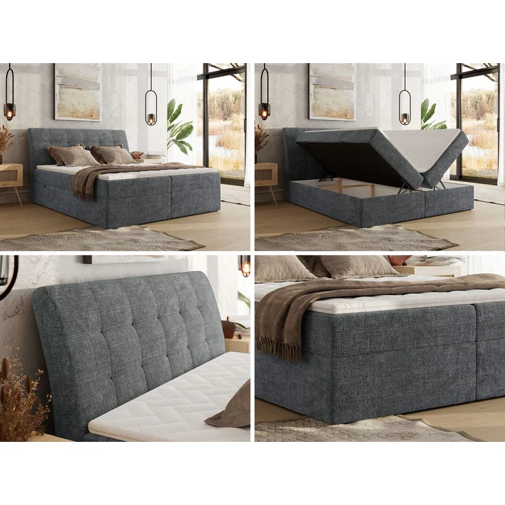 Boxspringbett DAGOS 160 x 200 cm mit Kopfteil, Lattenrost und Stauraum – Doppelbett mit Matratze & Topper T25 , stabile Konstruktion, Bettkasten, modernes Design - Grau Schenille grob gewebt - H4 – Bild 2
