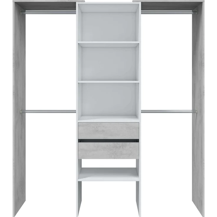 Habitdesign, offener Kleiderschrank mit 2 Schubladen – modernes Garderobensystem mit Kleiderstangen und Einlegeböden, in Artik weiß und Zementgrau, Maße: 179 x 202 x 50 cm (B x H x T), Modell Tidy – Bild 5