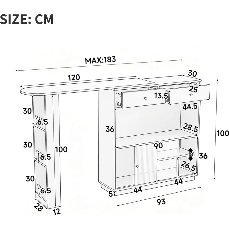 Bartisch mit 360° drehbarem Regalmodul, 120-183×30×100 cm, mit Stauraum und LED-Beleuchtung – Bild 5