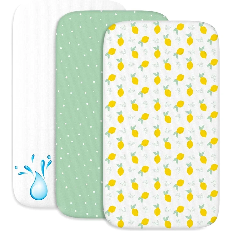 2X Spannbettlaken aus 100% Baumwolle mit Gummiband - 1X Matratzenschoner aus 100% wasserdichtem Material - 3er-Set - 50x83 cm - Zitrone – Bild 1