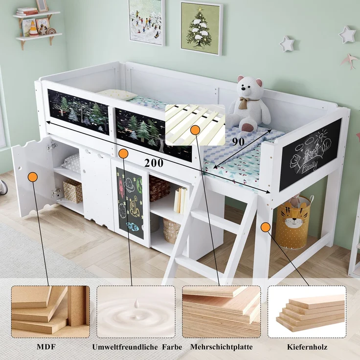 Merax Hochbett, 90x200cm Kinderbett, mit doppeltürigen Stauschränken und einer Tafel zum Malen, Zweistufige Schrägleiter, Sicherheitsgeländer, Weiß – Bild 5