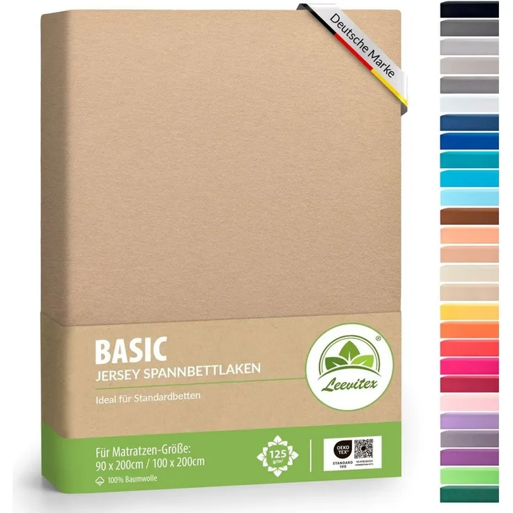 leevitex® Spannbettlaken 120x200 cm - 130x200 cm | Spannbetttuch Bettlaken | 100% Jersey Baumwolle | Matratzenhöhe bis 25 cm | Ökotex | Sand/Cappuccino