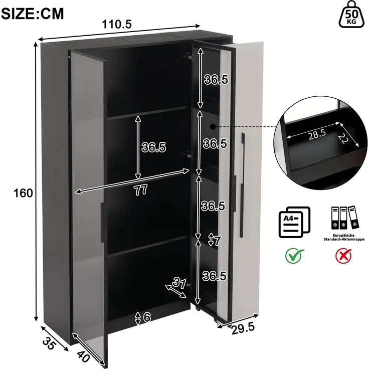 Flieks LED Vitrinenschrank 110.5×35×160 cm, Multifunktionsschrank mit Glasvitrine, Bücherregal & Aufbewahrungsschrank, Rollschrank schwarz & weiß – Bild 4