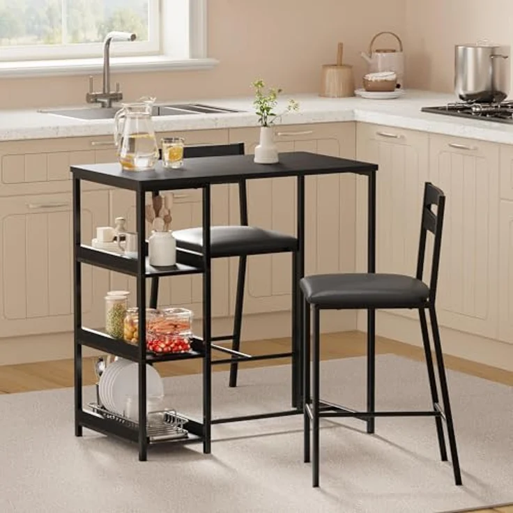 GarveeHome 3-Teiliges Esszimmer-Set Mit 2 Stühlen Und 1 Tisch, Platzsparender Esstisch Mit 3 Offenen Ablageflächen, Hoher Esszimmerstuhl Mit PU-Leder Sitzkissen, Für Esszimmer Und Wohnzimmer – Bild 7