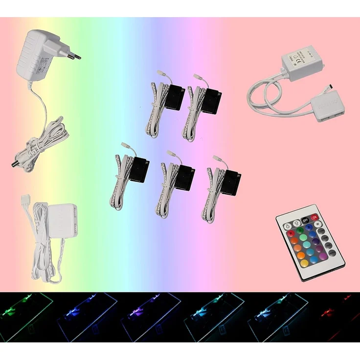TRANGO LED Glaskantenbeleuchtung, 5er Set RGB Farbwechsel LED Glaskantenbeleuchtung 5022-05 inkl. Fernbedienung Schrankbeleuchtung I Glasbodenbeleuchtung I Vitrinenbeleuchtung, LED Clips I Möbelbeleuchtung – Bild 1