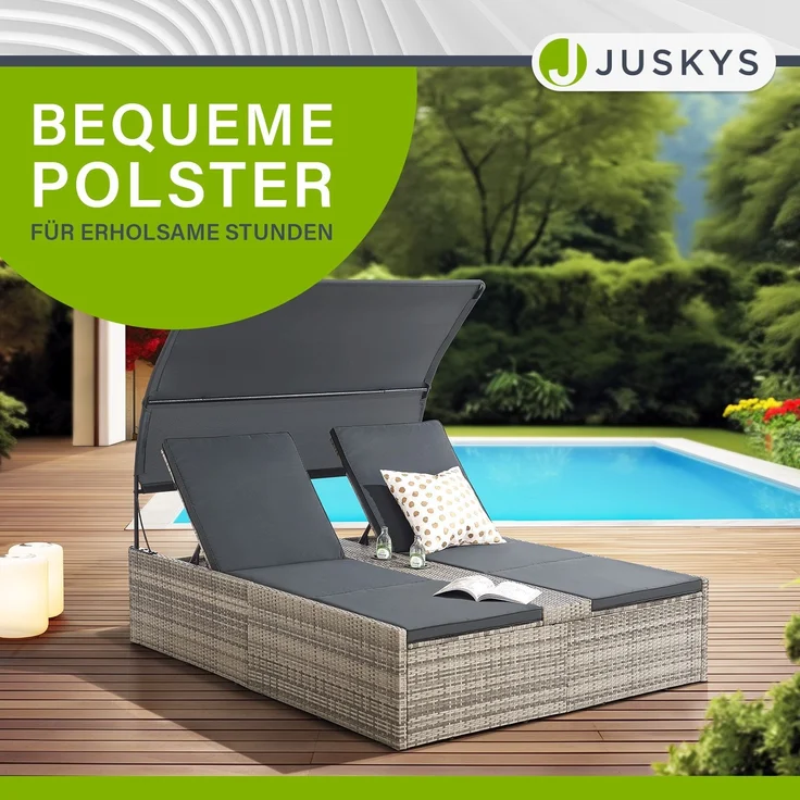 Juskys Polyrattan Doppelliege Syros - Garten Sonnenliege für 2 Personen - Outdoor Liege mit Dach & Auflagen - Kopfteil verstellbar - Grau-meliert – Bild 4