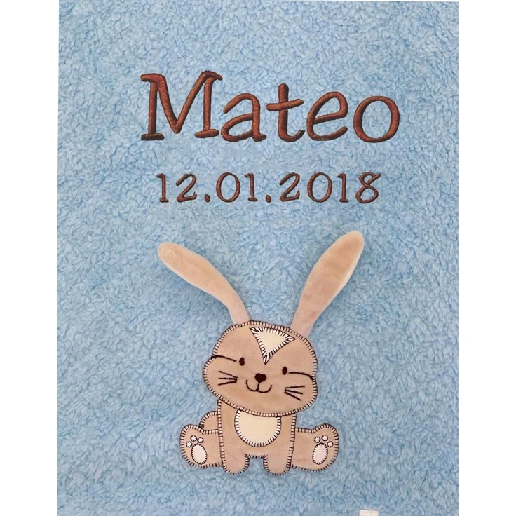 KIDDI-MEDIA Babydecke mit Name und Geburtsdatum Bestickt/kuschelig weich / 1A Qualität (Hellblau - Hase (Extra Flausch))