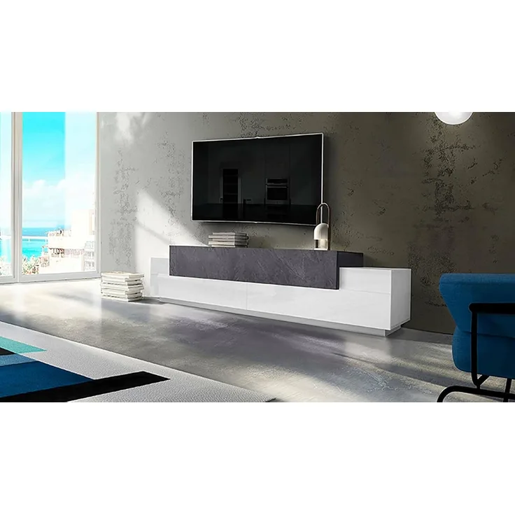 Dmora Wohnzimmer-TV-Ständer, Made in Italy, TV-Ständer mit 3 Türen und Regalen, 240x45h52 cm, Farbe Weiß glänzend und Aschgrau