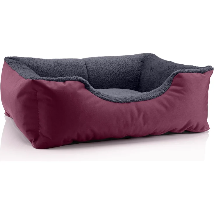 BedDog Hundebett TEDDY, Hundesofa aus Cordura und Microfaser-Velours, waschbares Hundebett mit Rand, Hundekissen vier-eckig (M) ca. 70x55x18cm, CHERRY-ROCK (bordeaux/grau)