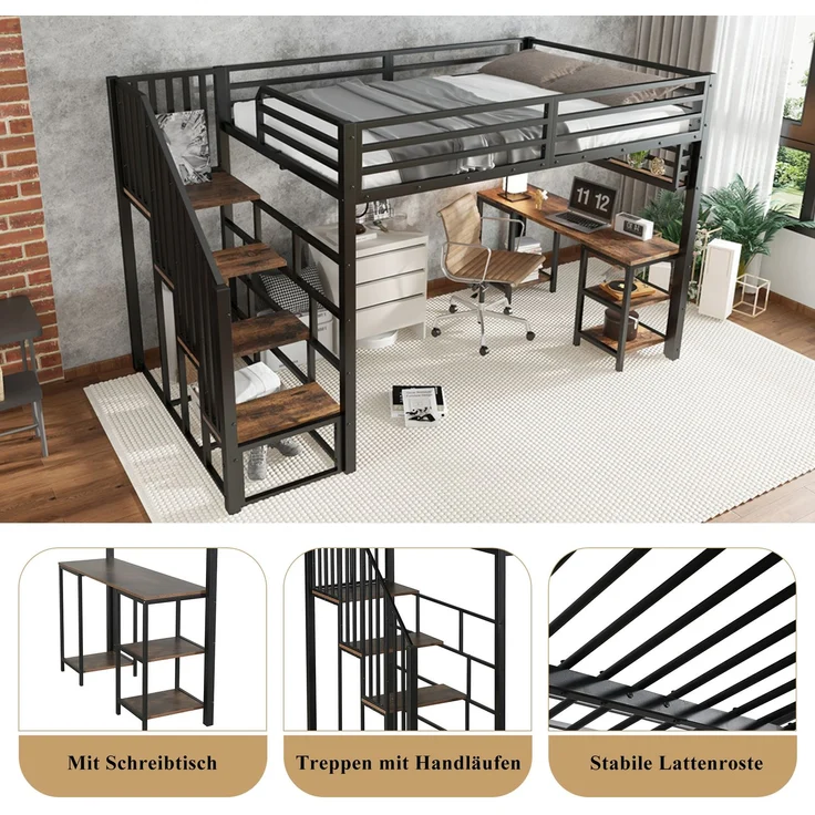 EINHOM Eisenbett, Hochbett, Treppen mit Handläufen, Mit Schreibtisch und Aufbewahrungsregal, Stabile Lattenroste, Eisen + Spanplatte, Schwarz+dunkl, 120 x 200 cm (Ohne Matratze) – Bild 4