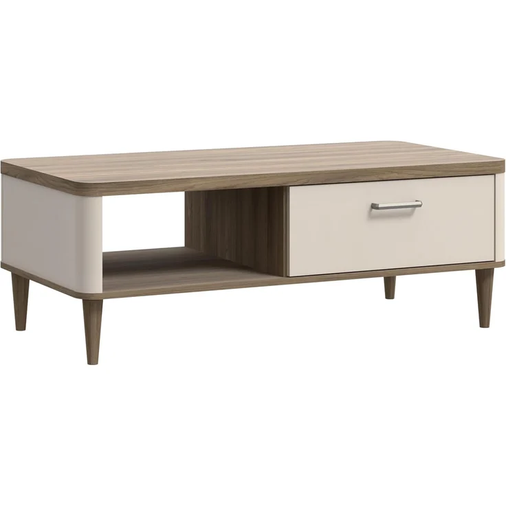Forte LACETTI Couchtisch 120, moderner Sofatisch mit Skandi Lamellen Design, 1 Schublade, Kaschmir | Beige mit Valencia Eiche Holzdekor, 120 cm breit x 43,7 cm hoch x 60 cm tief – Bild 4