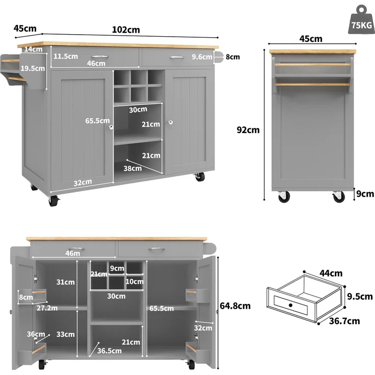 Abrihome Kücheninsel mit Holzmaserung und Stauraum, Grau, 92x45x102 cm – Bild 4