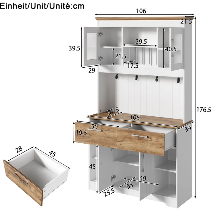 Merax 176.5cm Küchenbuffet Schrank mit Stauraum, Küchenschrank mit Vitrinenfächern, 2 Schubladen, Türen und Hakenleiste – Buffetschrank, Weiß + Holzfarbe – Bild 4