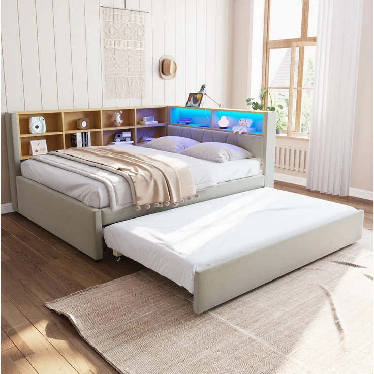 Multifunktionales Schlafsofa 140x200 cm mit Ausziehbett, LED-Leuchten, USB & Typ-C Ladeanschluss, Stauraum,Hellgrau – Bild 3
