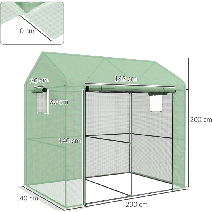 Wohnora-2,8 m² großes Gewächshaus mit einer großen Rolltür und zwei Fenstern, Maße 200 x 140 x 200 cm (L x B x H), grün,H 2000cm x T 1010cm x B 1400cm – Bild 4