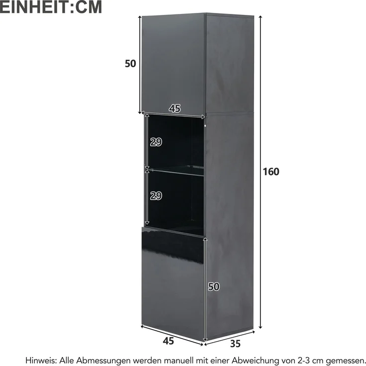 ZUBALIYA Vitrine (45 x 35 x 160 cm), LED - Beleuchtung, Hochglanzoptik, Aufbewahrung für Sammlerstücke, Geschirr und Dekoration, Schwarz – Bild 25
