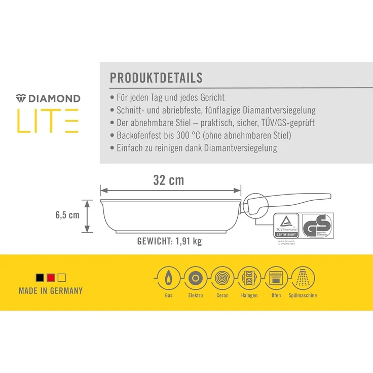 WOLL MADE IN GERMANY Schmorpfanne Diamond Lite, Aluminiumguss (1-tlg), von Hand gegossen, abnehmbarer Griff, Ø 32 cm, Made in Germany – Bild 6