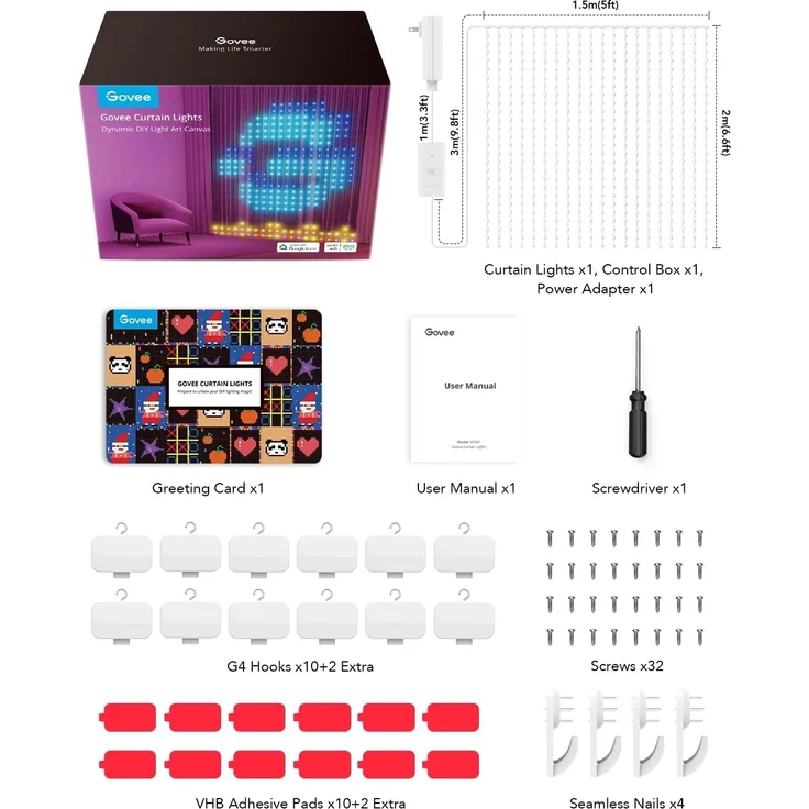 Govee Curtain Lights, 520 RGBIC LEDs Lichterkette, DIY Lichtmuster, Smart LED Vorhang 86+ Modi, IP65 Wasserfest, kompatibel mit Alexa für Zimmer, Party Deko (1,5×2m) – Bild 9