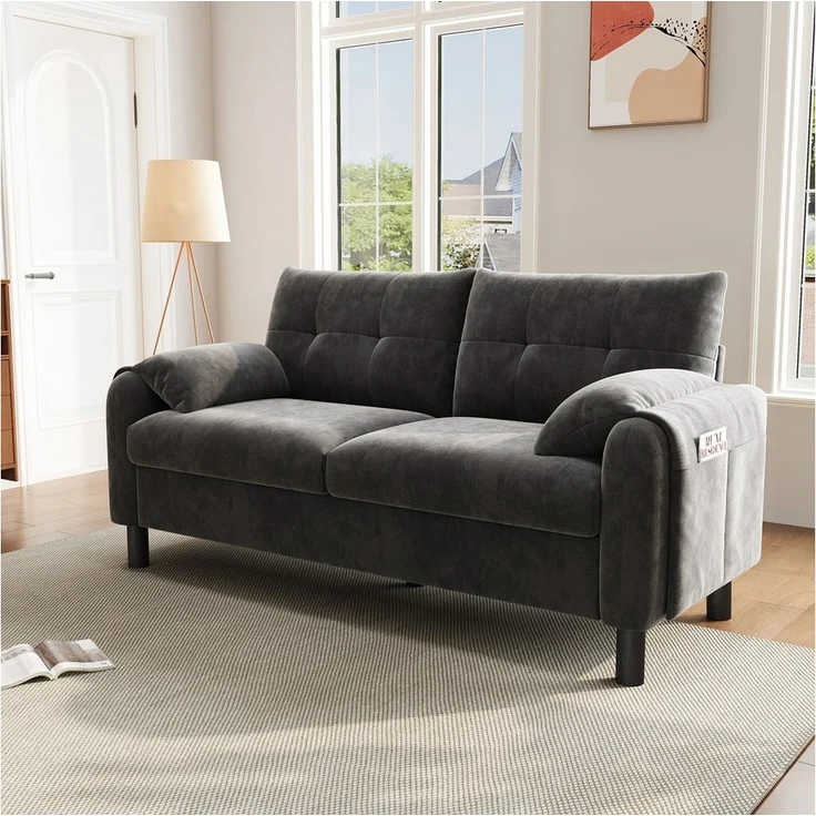 Merax 2-Sitzer Sofa aus Chenille-Stoff, Modulares-Sofa, Couch Doppelsofa im skandinavischen Design für Wohnzimmer/Schlafzimmer 1 Teile, Polstersofa mit Armlehne, dicken Kissen & Seitentaschen, 158x80x88.5cm – Bild 2