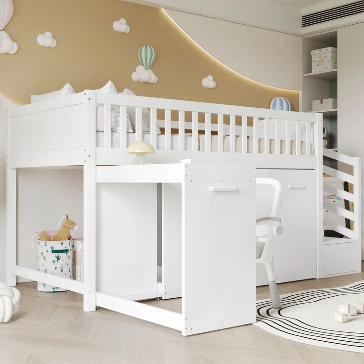 Abrihome Kinderbett Etagenbett 90x200 cm mit Fallschutz und Stauraum, Weiß – Bild 4