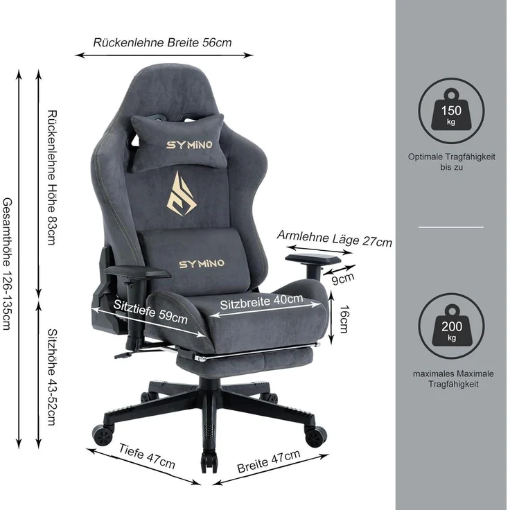 Symino Gaming Stuhl Bürostuhl Hochwertiger Stoff Ergonomisch Verstellbar Grau – Bild 2