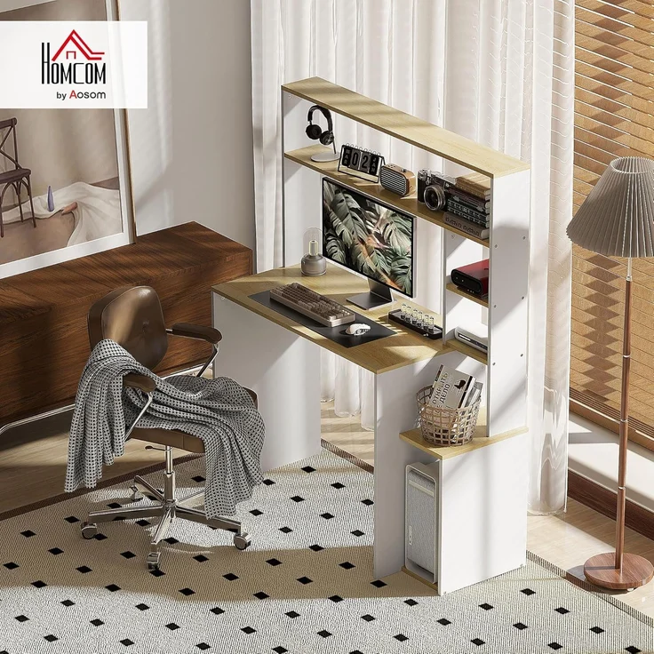 HOMCOM Computertisch mit offenen Regalen, CPU-Ständer, Stahlgestell (Schreibtisch, 1-St, Bürotisch), für Home Office, Schlafzimmer Eiche – Bild 2