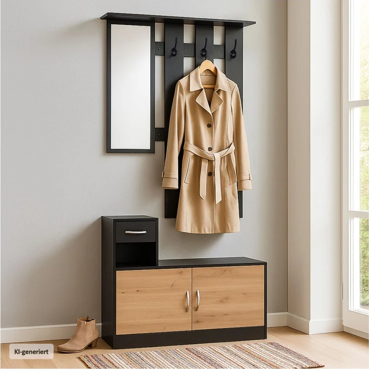 Garderobenpaneel mit Spiegel und Schuhschrank Schwarz-Baumscheibe – Bild 2