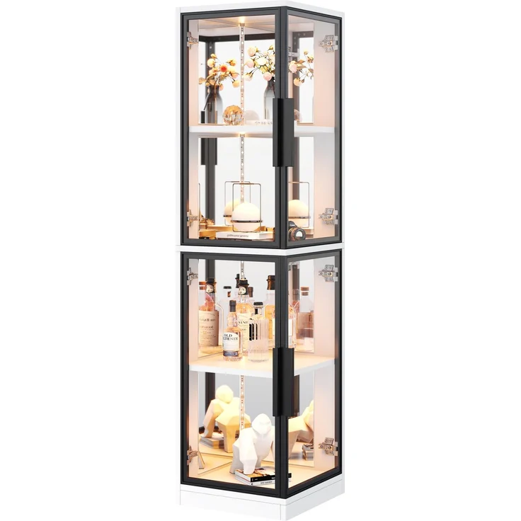 Vitrine mit Glas 44 × 42 × 164 cm, Spiegelrückwand, Eckvitrine mit doppelseitiger Glaspräsentation, LED-Beleuchtung mit Farbwechsel, Glasvitrine für Sammlerstücke, Bücher, Wein & Dekoration, Weiß--Weiß--44x42x164cm--YOUDENOVA – Bild 5