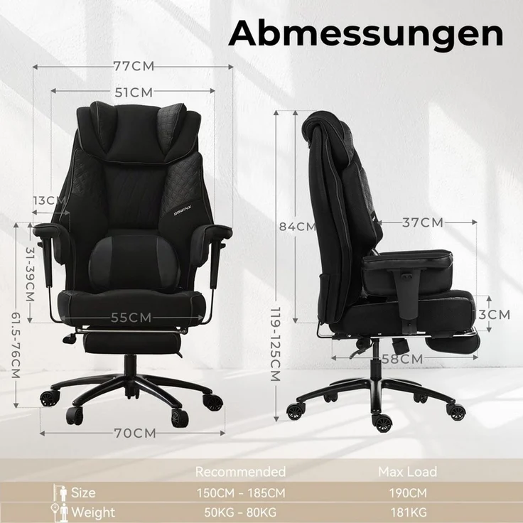Dowinx Gaming-Stuhl mit Massage-Lendenkissen & Extra-Dicker Sitzpolsterung (Packung), Chefsessel mit Atmungsaktivem Mesh & Verstellbaren Armlehnen – Bild 3