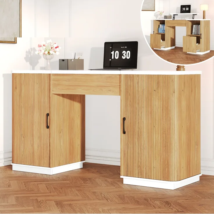 Höhenverstellbarer Schreibtisch mit Stauraum, 140x50x78/92 cm, Weiß/Eichenoptik