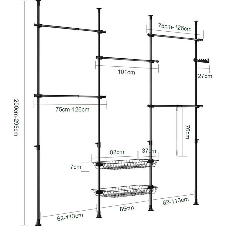 SoBuy KLS04-II-SCH Garderobenständer, Metall, Pulverbeschichtung, Schwarz, 62 x 200 x 75 cm – Bild 3