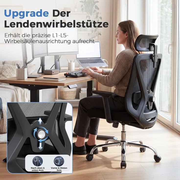 COMHOMA Bürostuhl Ergonomisch [TESTSIEGER], Schreibtischstuhl mit 3D-Kopfstütze & 3D-Lendenwirbelstütze, verstellbare Armlehnen, Office Chair mit Wipp- und Kippfunktion,Belastung bis 150KG, Schwarz – Bild 6