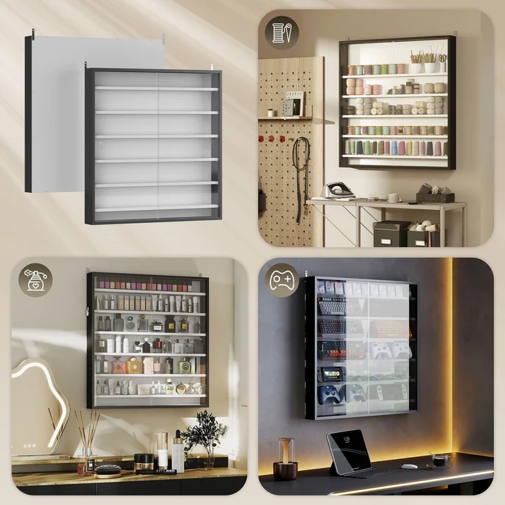 Wandvitrine für Sammlerstücke, 6 höhenverstellbare Böden, 2 Glasschiebetüren, 80 x 9,5 x 83 cm,Cecodadi – Bild 9