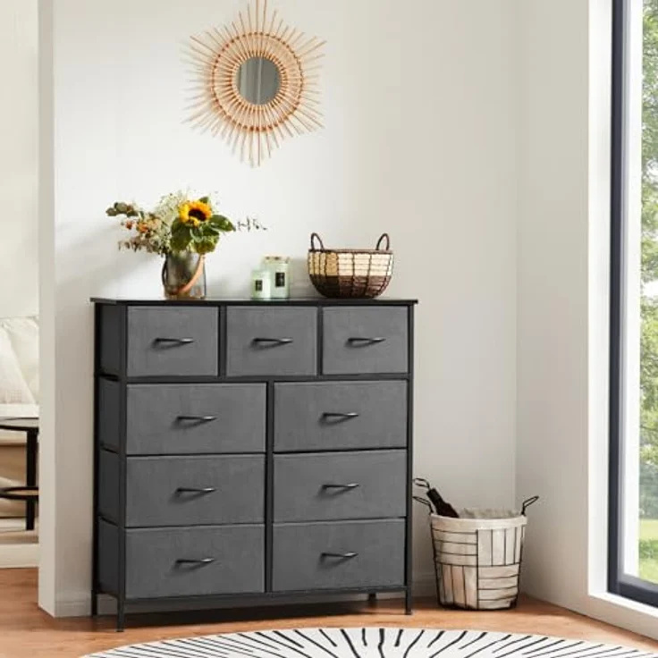 Sweetrcrispy Sweetcrispy Kommode für Schlafzimmer mit 9 Stoffschubladen, Grau, Standatd – Bild 3