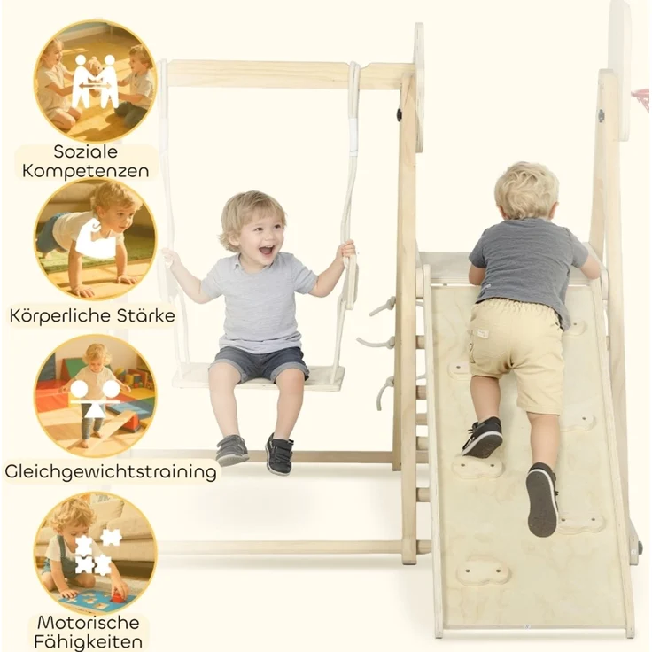 LVHOM Indoor Klettergerüst aus Massivholz, mit Kinderschaukel, Rutsche, Kletterwand & Basketballkorb, klappbar, Stabil bis 50kg, Natur – Bild 8